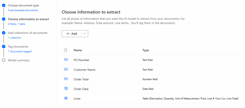 Automated Purchase Order Processing with Microsoft Power Automate and AI Builder Choose Info to Extract