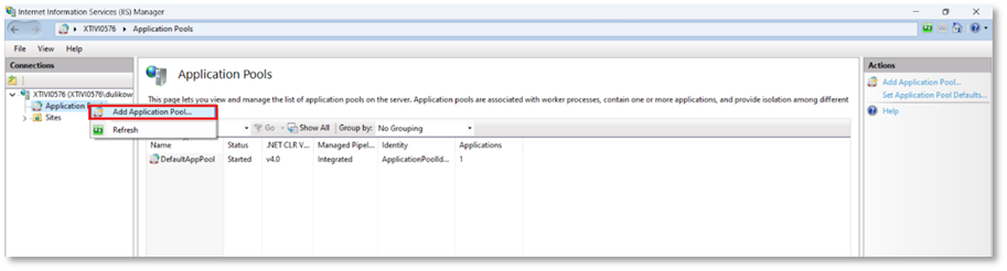 Deploying an Application to IIS add Application Pool